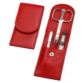   Kis Úti Manikűrkészlet | Rozsdamentes Eszközökkel | Kombiollóval | 3 Részes | Piros Bőrtok