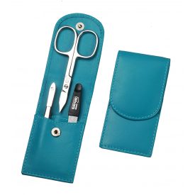   Kis Úti Manikűrkészlet | Rozsdamentes Eszközökkel | Kombiollóval | 3 Részes | Türkiz Bőrtok